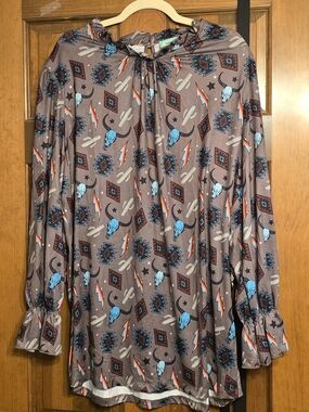 Southwest Print Long Sleeve Blouse in Brown and Blue